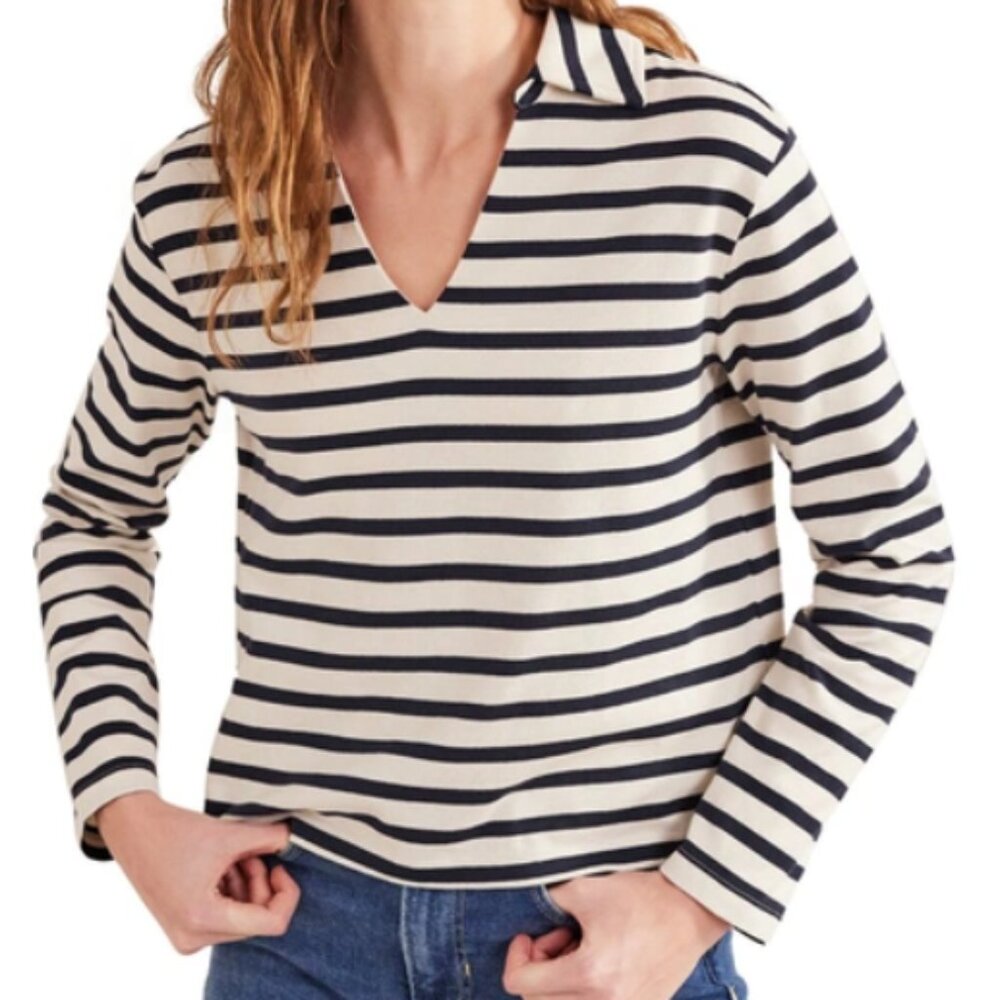 BODEN Notch Collar Stripe Top In Ivory/navy Stripe XS
